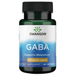 Swanson GABA bottle front view promoting relaxation potential with daily use