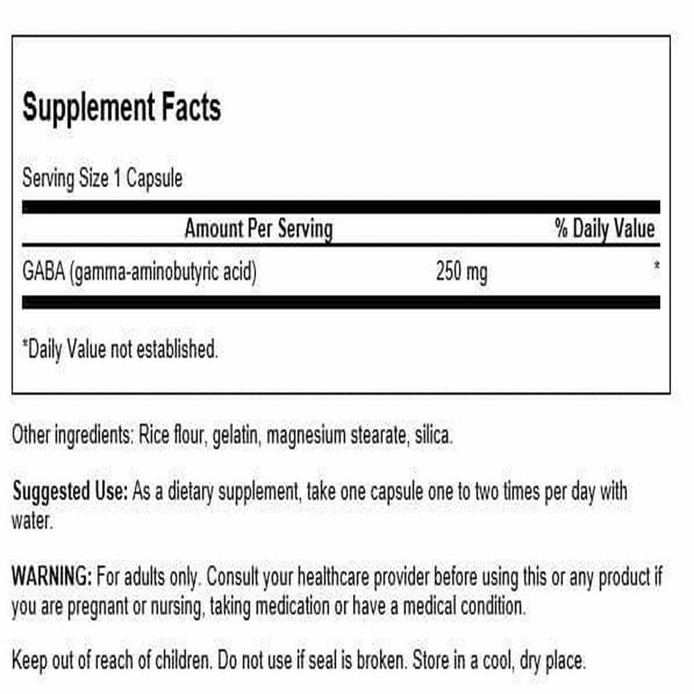 Swanson GABA capsules close-up showing daily use for calmness and balanced mood