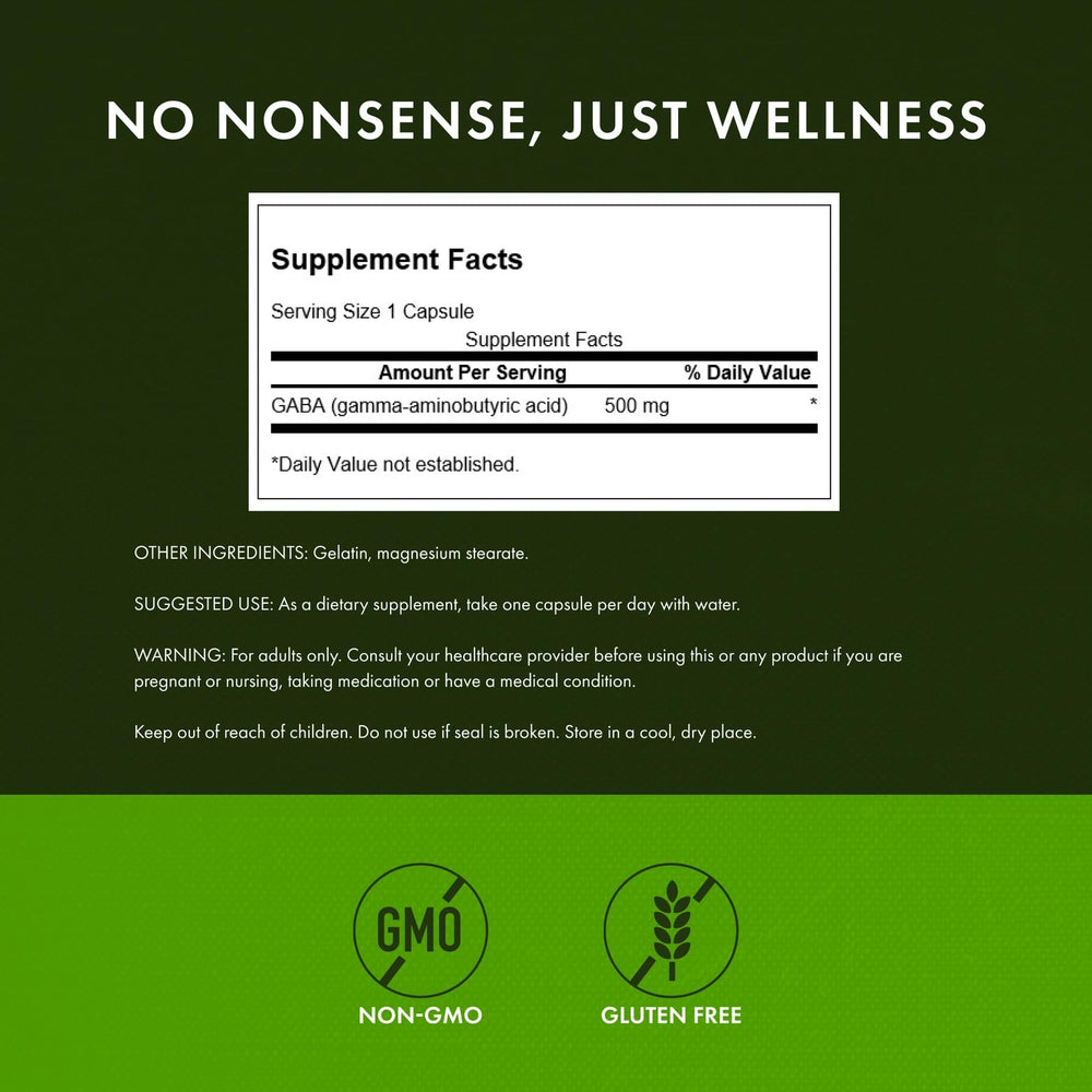 Swanson GABA label details highlighting dosage and plant-based ingredients