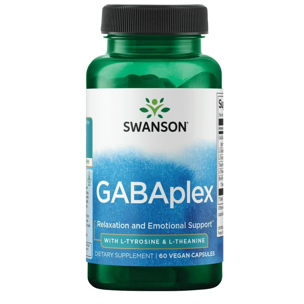 Swanson Gabaplex bottle displaying a vegetarian relaxation supplement for daily balance.
