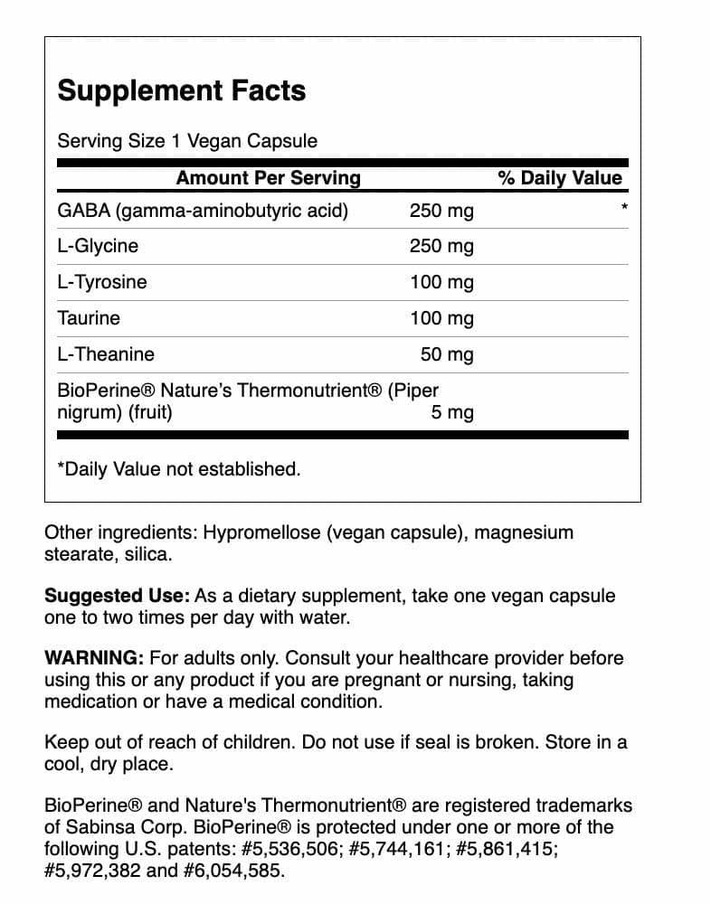 Close-up of Swanson Gabaplex label highlighting L-Tyrosine and L-Theanine for calm focus.