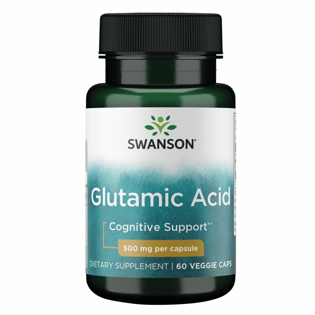 Swanson Glutamic Acid 500 mg bottle front, compact vegetarian capsules for daily wellness.