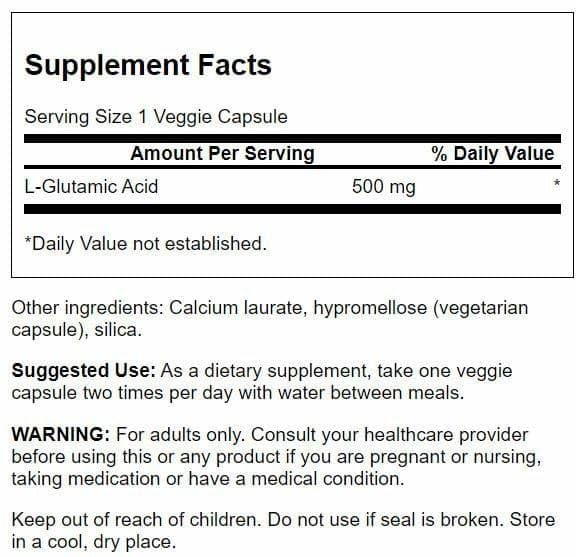 Swanson Glutamic Acid 500 mg capsules closeup, easy-to-swallow plant-based supplement.