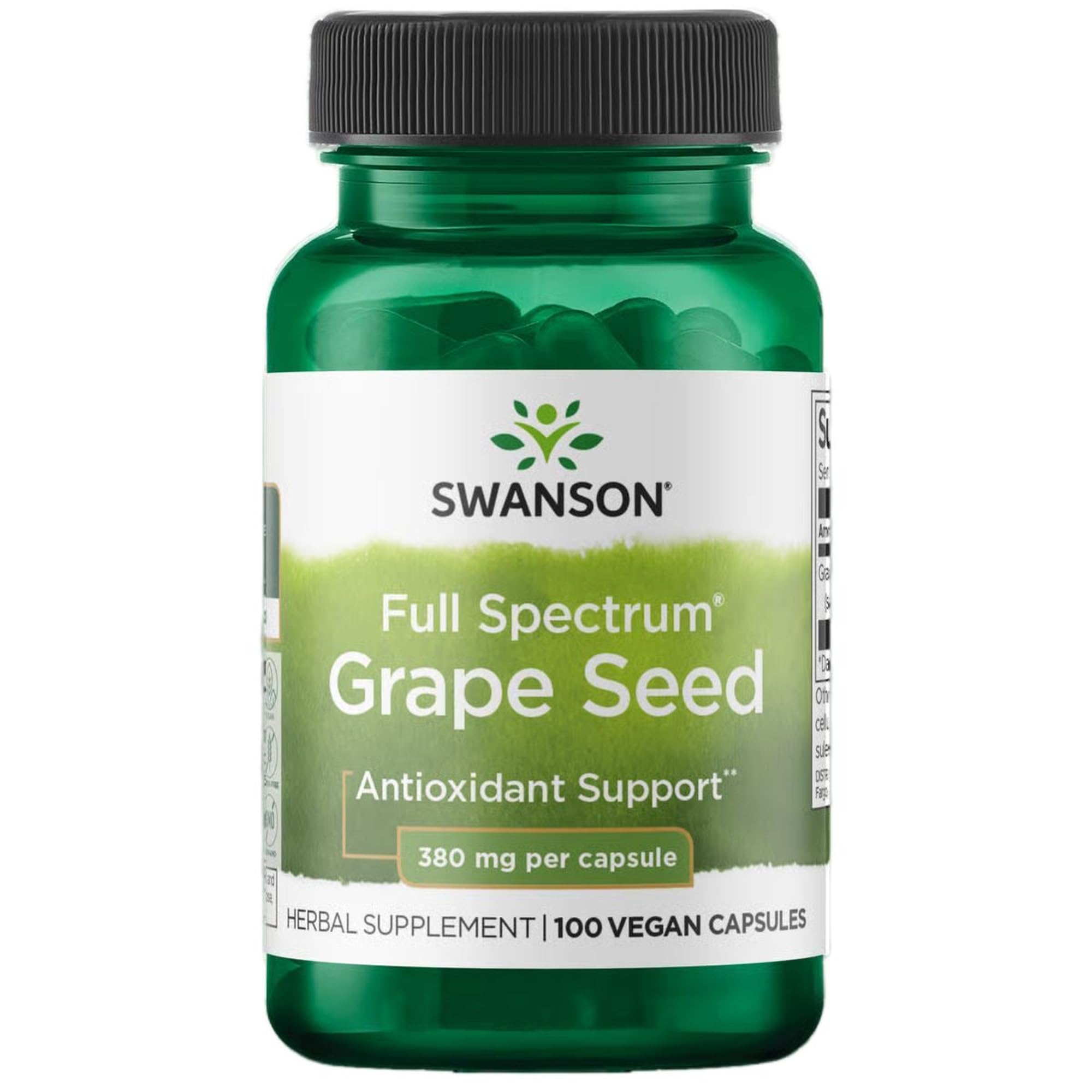 Swanson grape seed extract capsules closeup, 380 mg, 100 ct, antioxidant support.