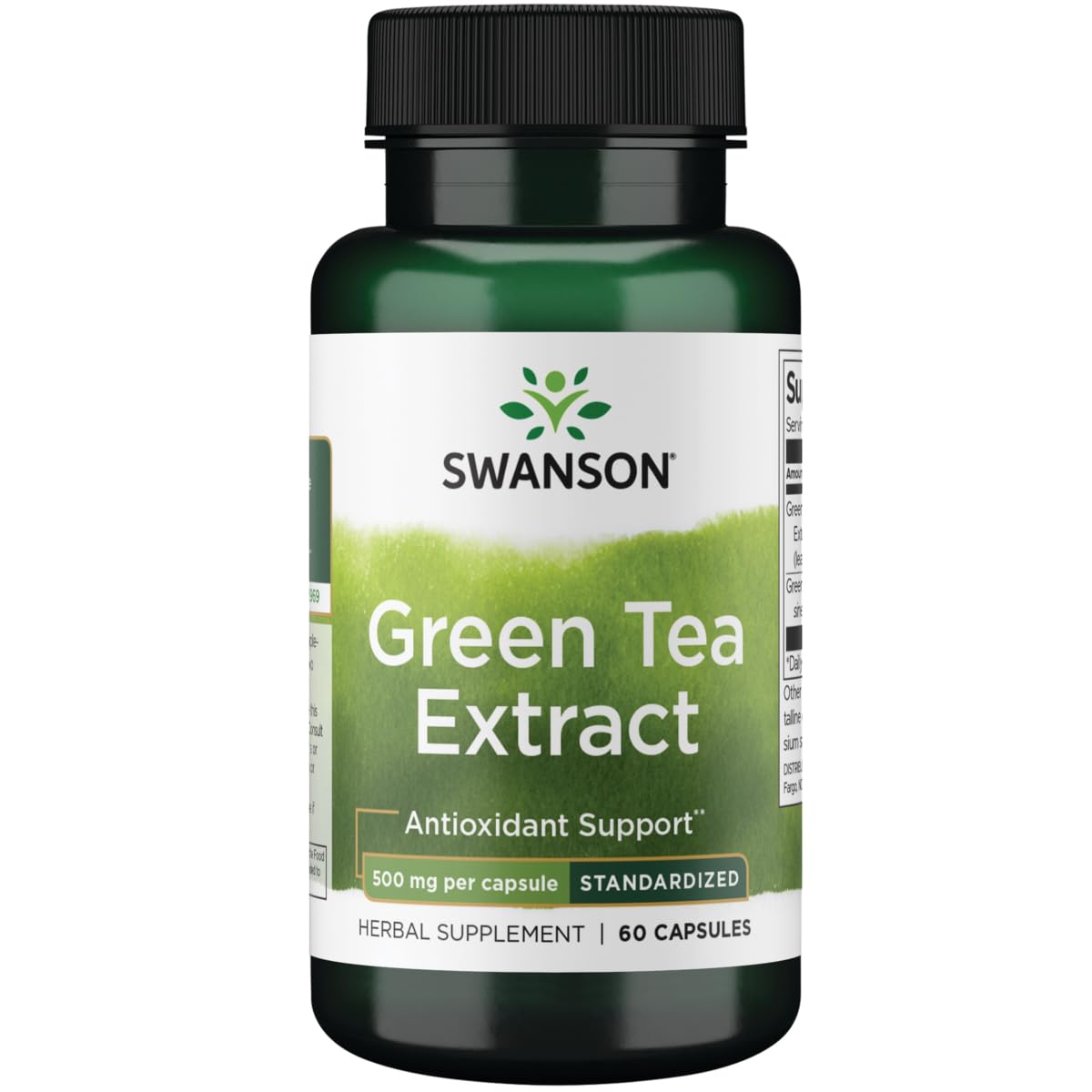 Swanson Green Tea Extract bottle showing 500 mg potency and 60 capsules for daily antioxidant support
