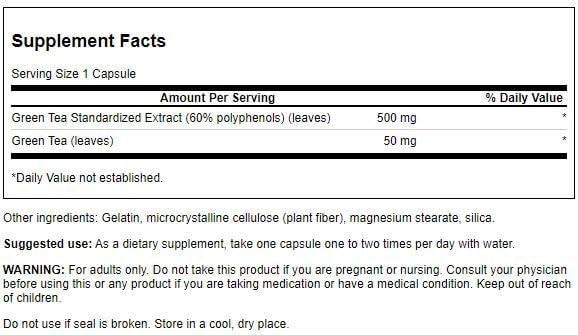 Close-up of Swanson Green Tea Extract capsules highlighting polyphenol-rich daily wellness