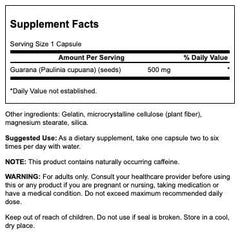 Close-up of Swanson Guarana capsules showing plant-based energy boost potential.