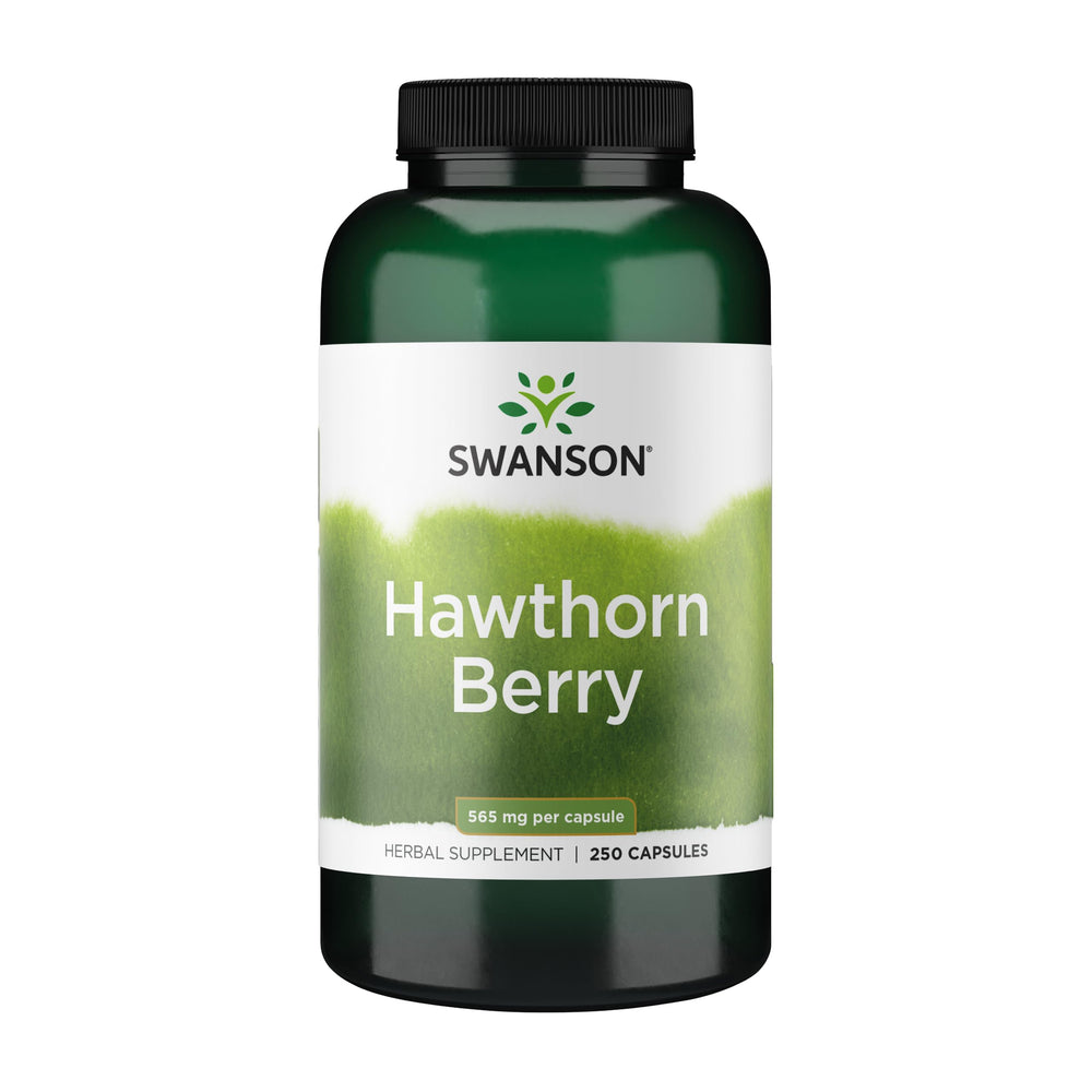 Swanson Hawthorn Berry bottle displaying antioxidant-rich capsules for daily circulation support.
