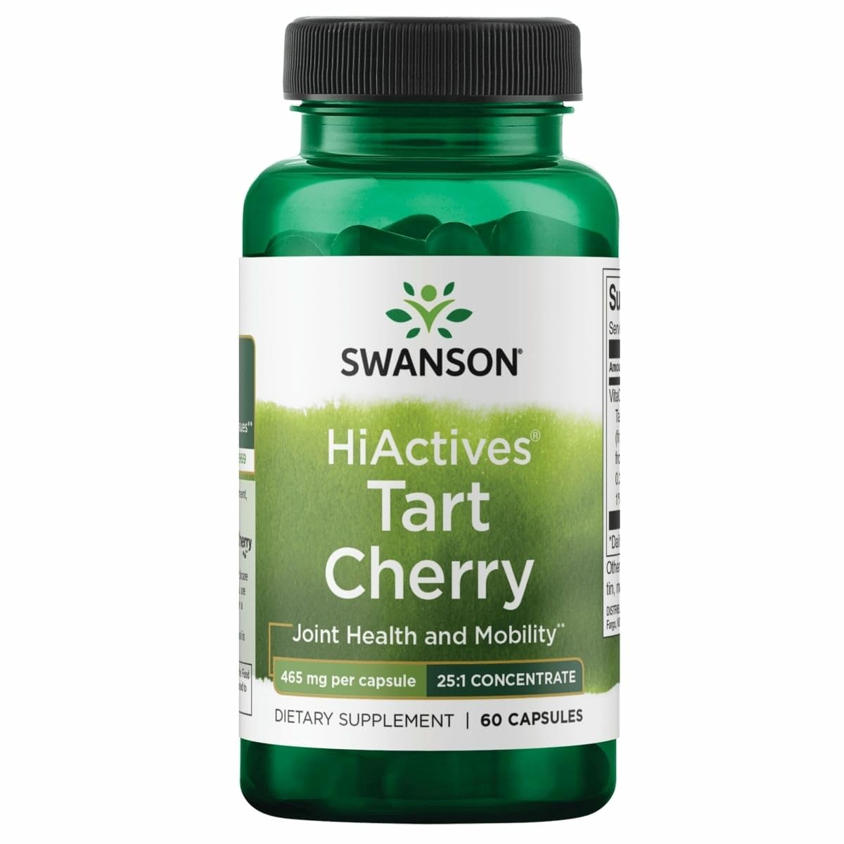 Swanson HiActives Tart Cherry bottle packshot shows daily joint support potential.