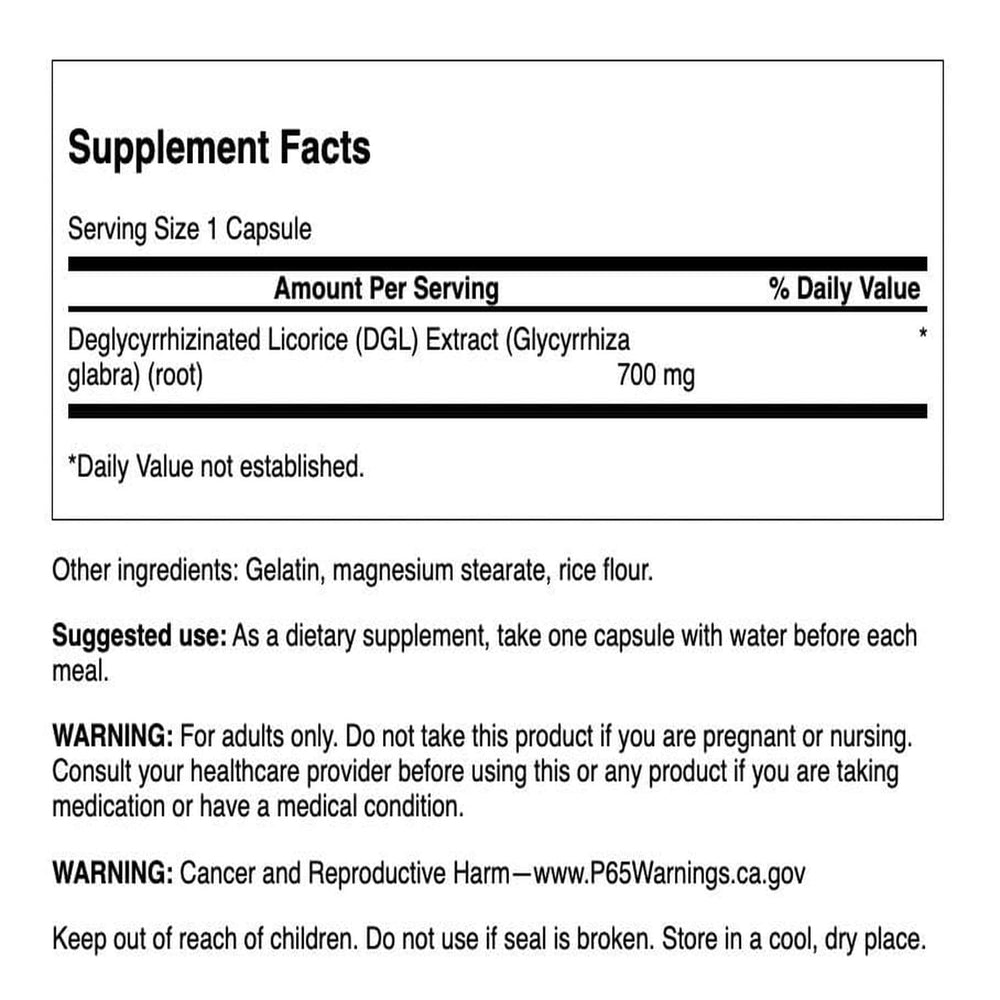 Close up of Swanson DGL capsules highlighting licorice root.