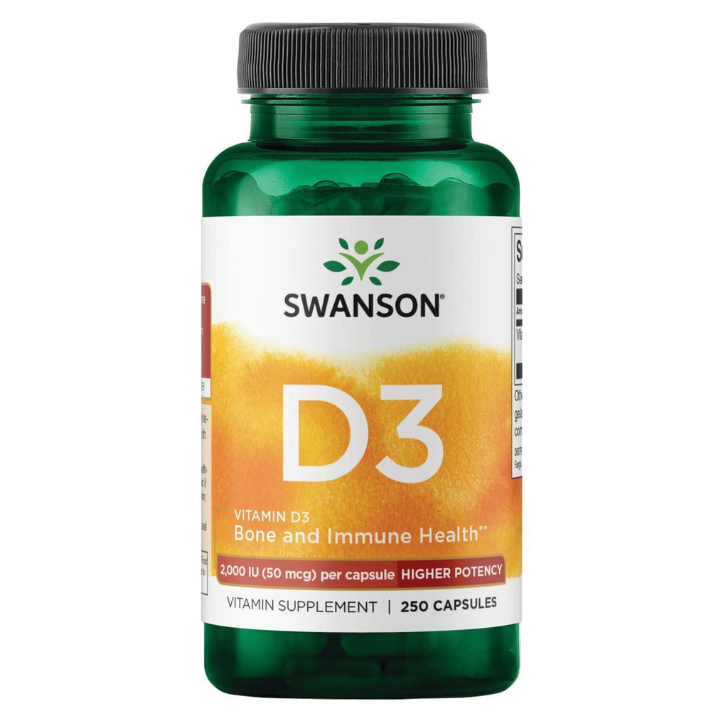 Swanson Vitamin D-3 2000 IU bottle on shelf, supporting bone health and immune wellness