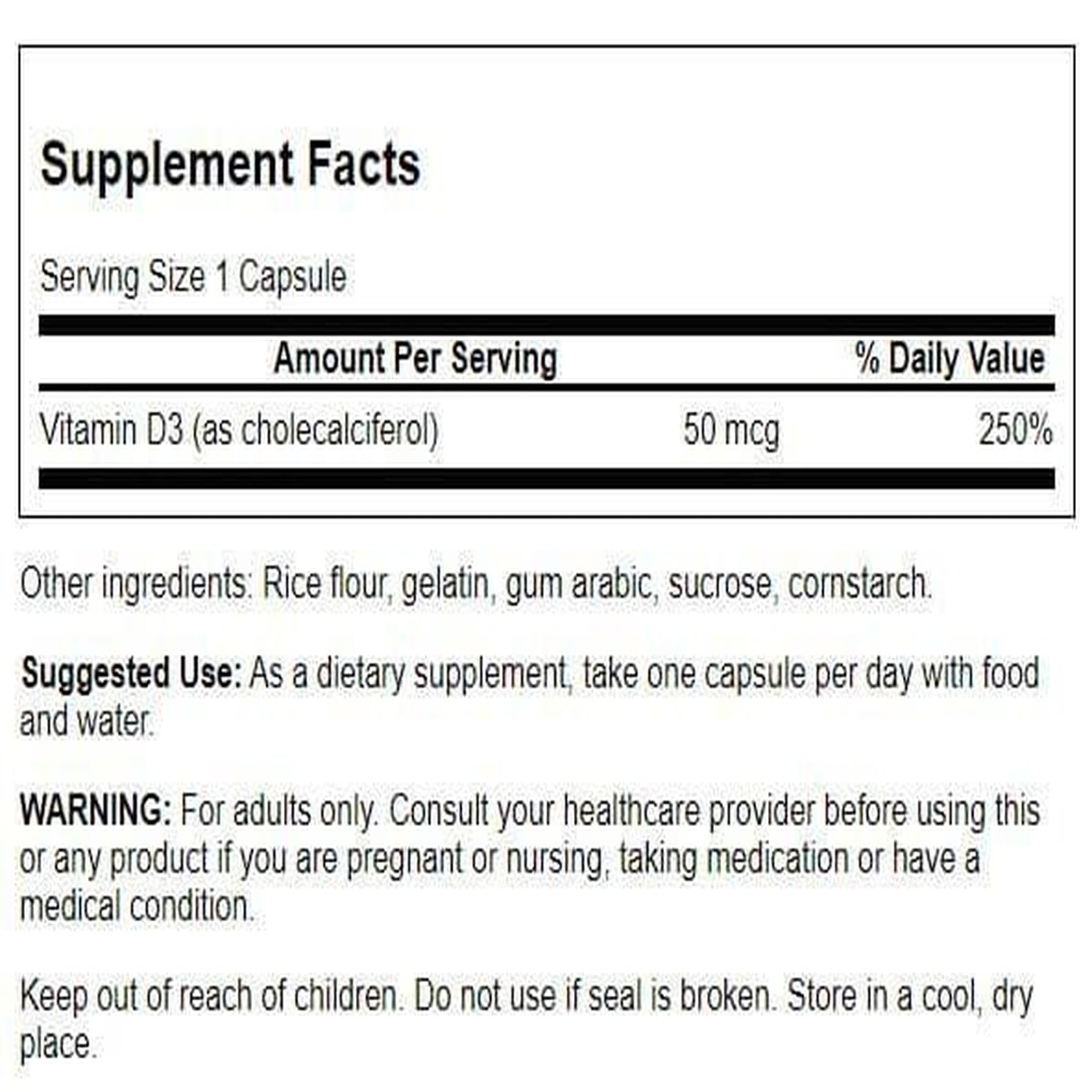 Swanson Vitamin D-3 2000 IU label close-up highlighting quality testing and GMP standards