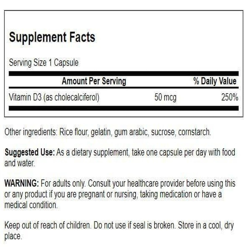 Swanson Vitamin D-3 2000 IU label close-up highlighting quality testing and GMP standards