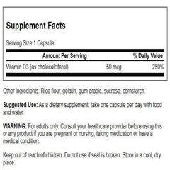 Swanson Vitamin D-3 2000 IU label close-up highlighting quality testing and GMP standards