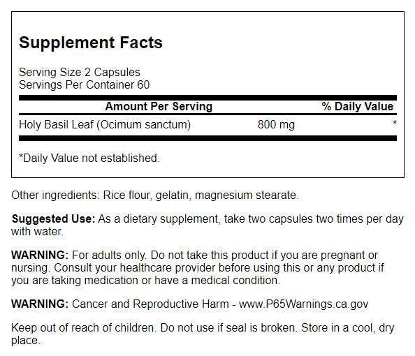 Swanson Holy Basil Leaf capsules shown for convenient daily wellness