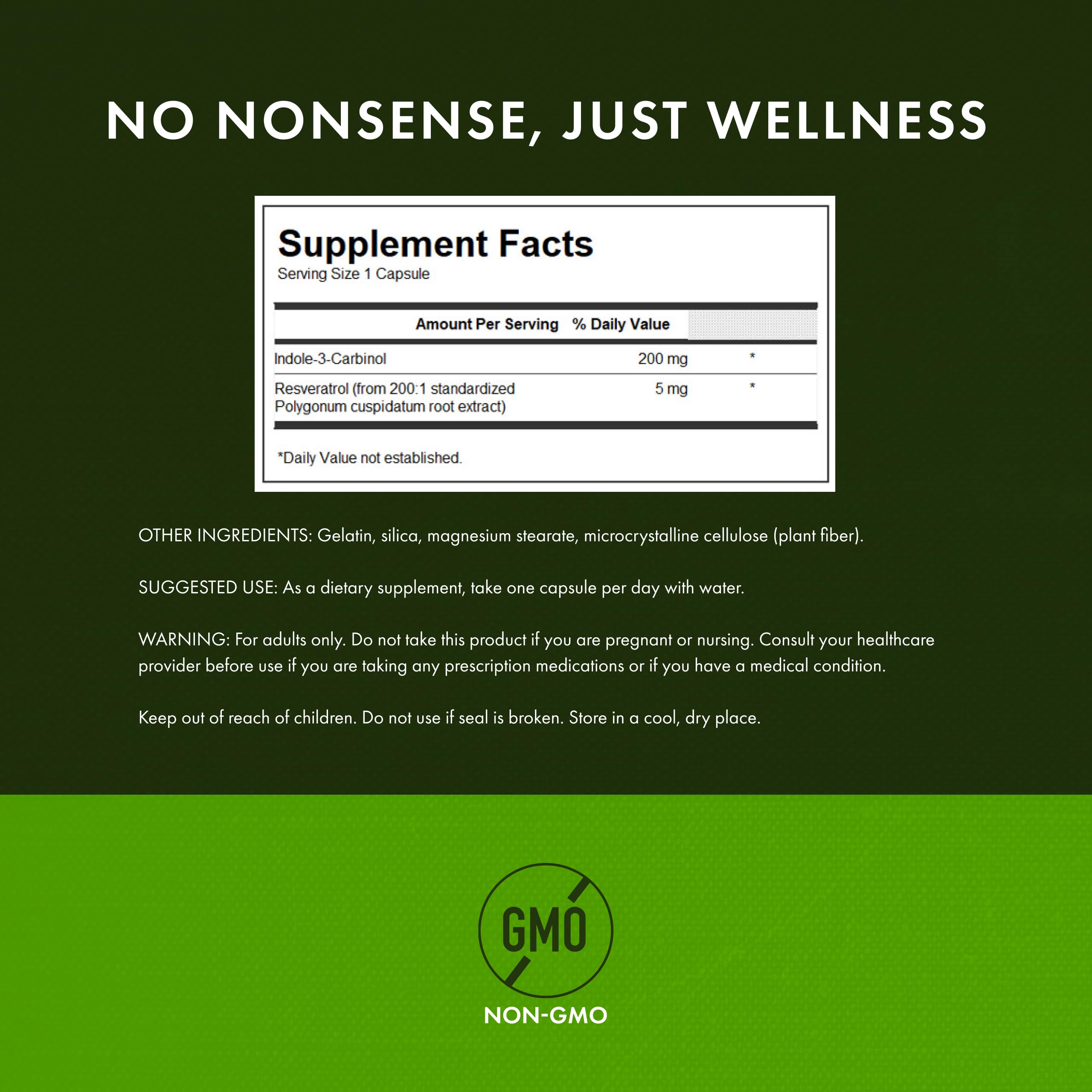 Swanson I3C ingredients label showing resveratrol and cruciferous phytonutrient.