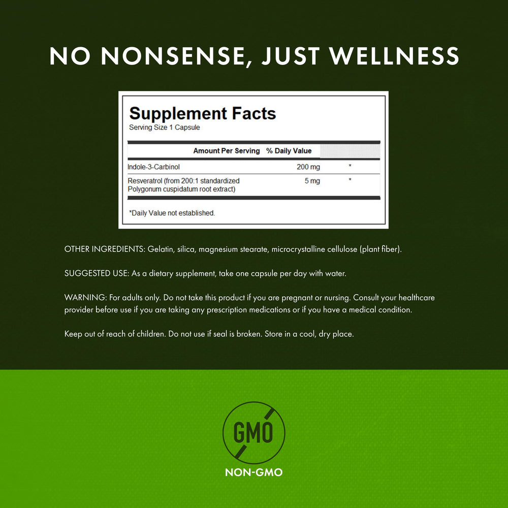 Swanson I3C ingredients label showing resveratrol and cruciferous phytonutrient.