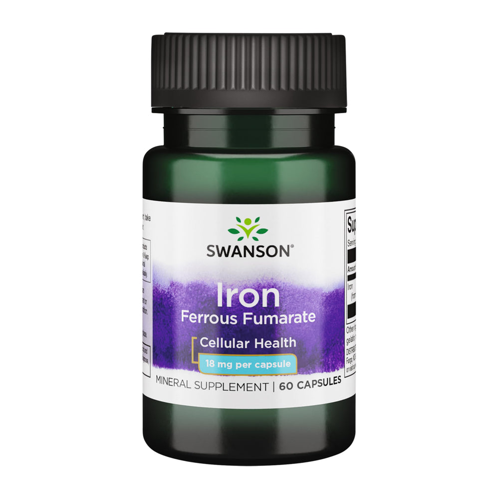 Swanson Iron ferrous fumarate capsules close-up for steady energy support.