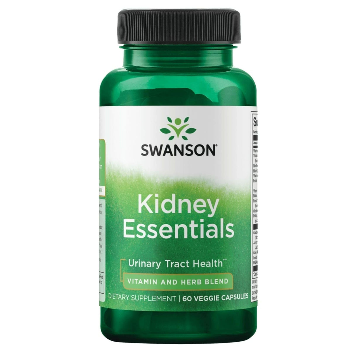 Swanson Kidney Essentials bottle front view with vegetarian capsules for urinary support.