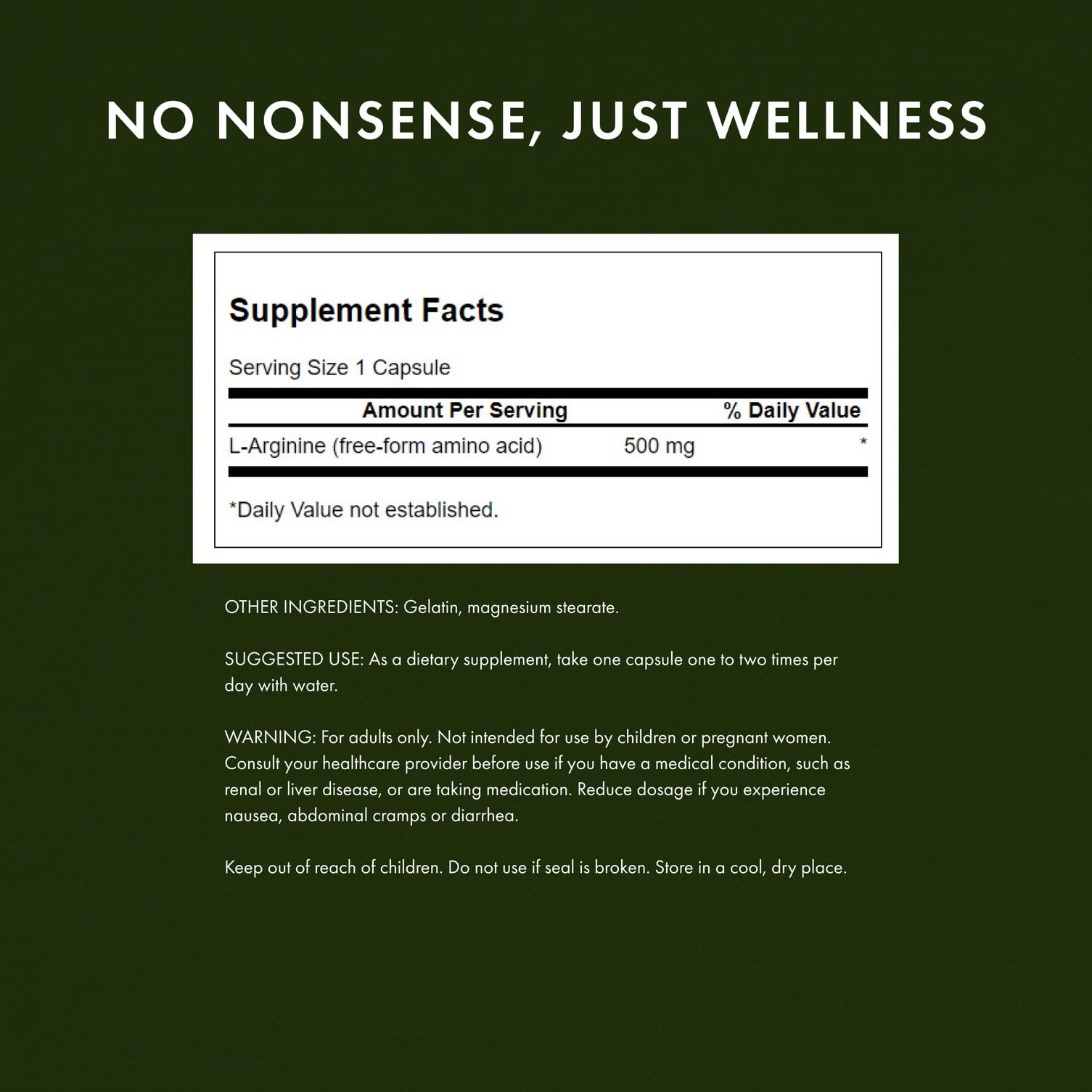 Detail of Swanson L-Arginine label highlighting full-spectrum plant-based ingredients