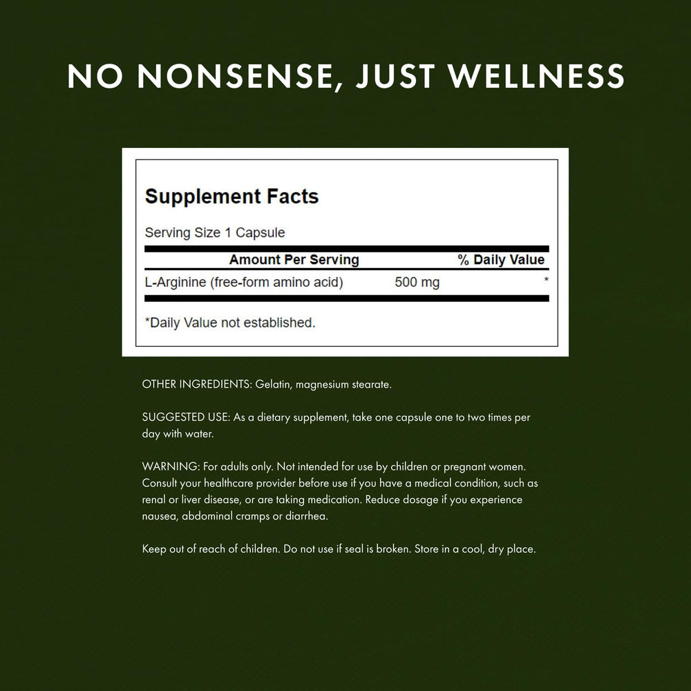 Detail of Swanson L-Arginine label highlighting full-spectrum plant-based ingredients