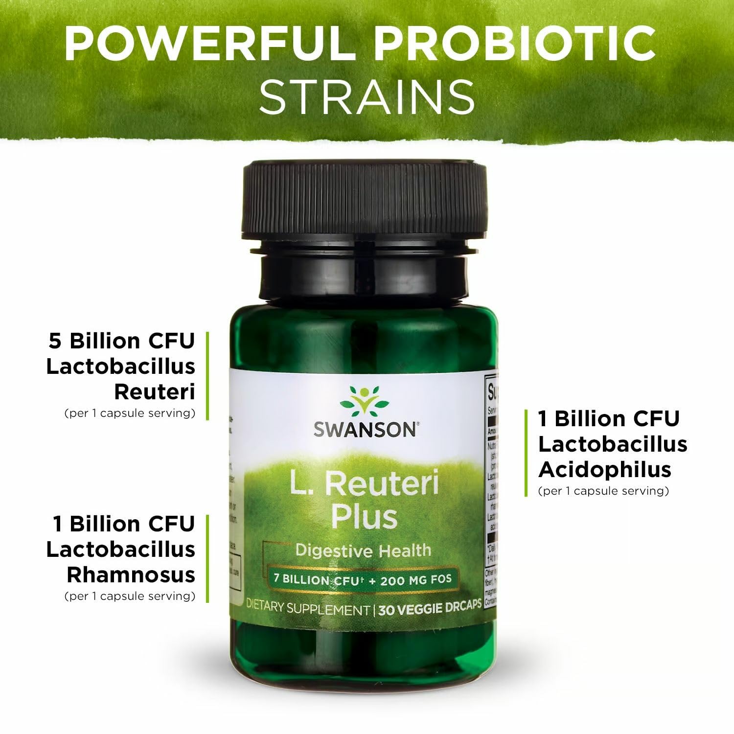 Swanson L. Reuteri Probiotic Plus capsules in hand for daily use.