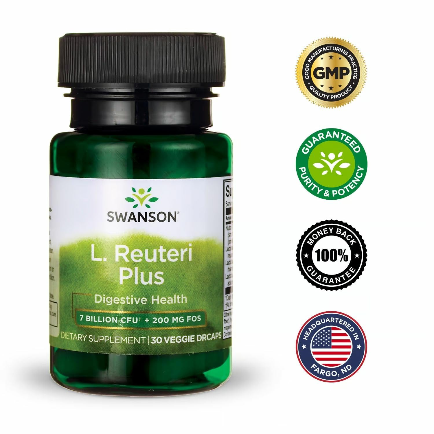 Swanson L Reuteri Probiotic Plus packaging highlights GMP and testing