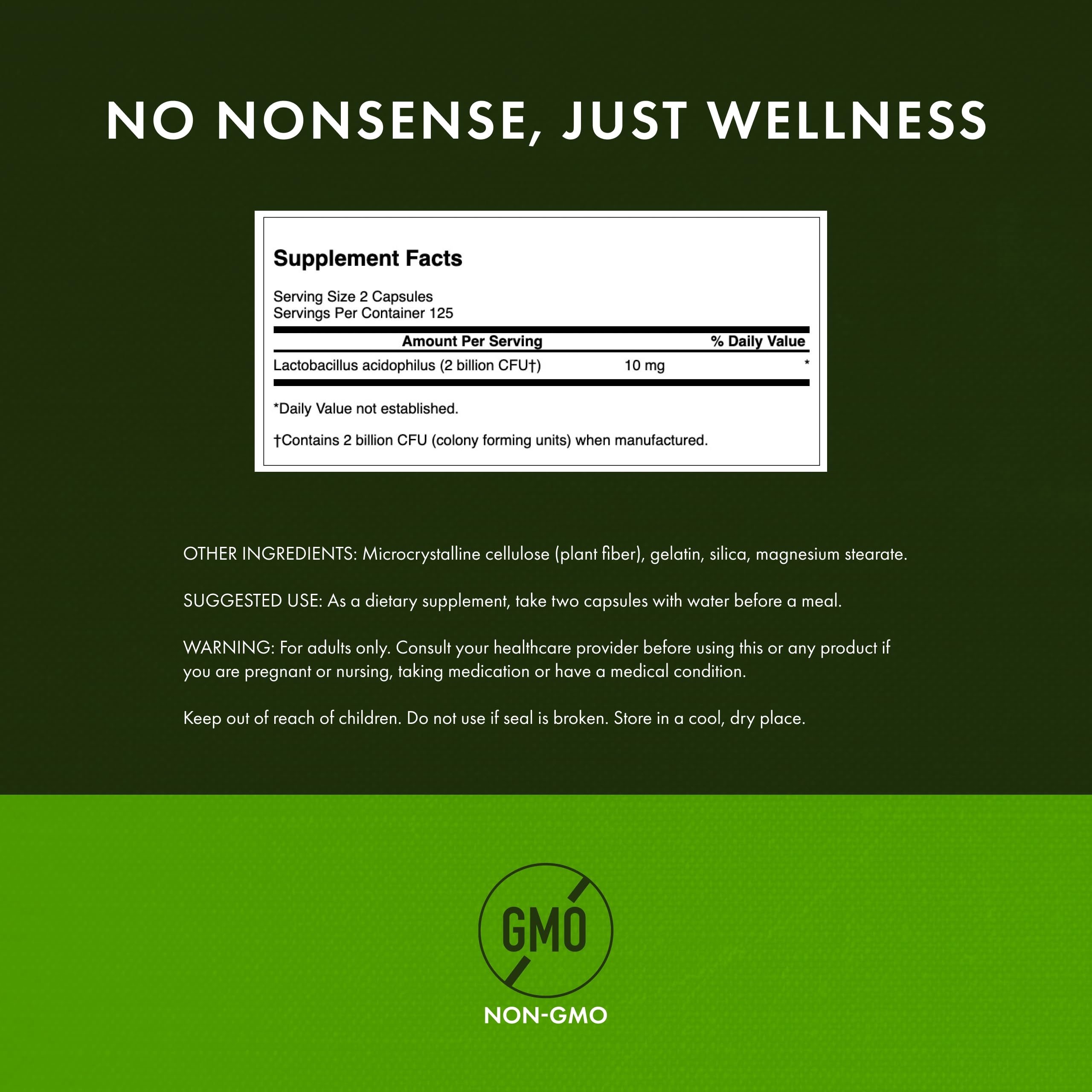Swanson Lactobacillus Acidophilus label closeup emphasizes non-GMO, third-party tested quality