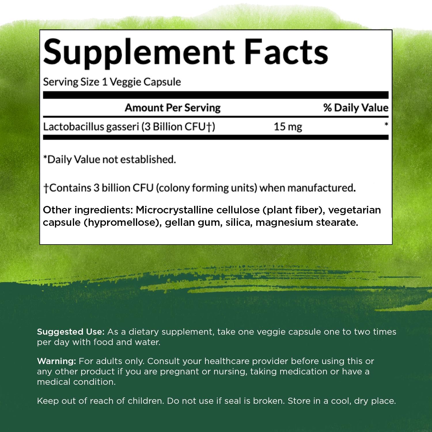 Swanson Lactobacillus Gasseri capsules closeup showing easy-to-swallow veggie capsules