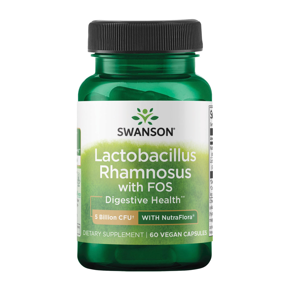 Swanson Lactobacillus Rhamnosus with FOS bottle front promoting daily gut balance