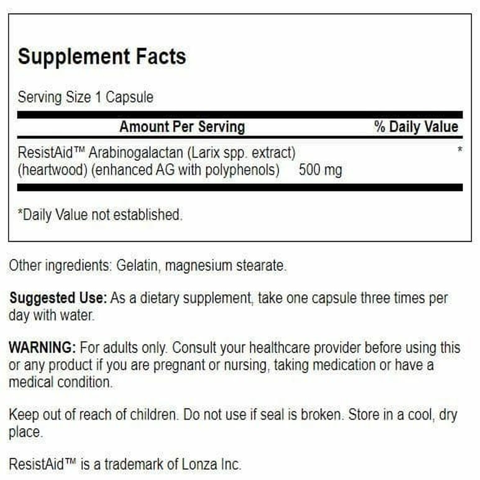 Swanson Larch Arabinogalactan bottle label showing plant-based full-spectrum formula