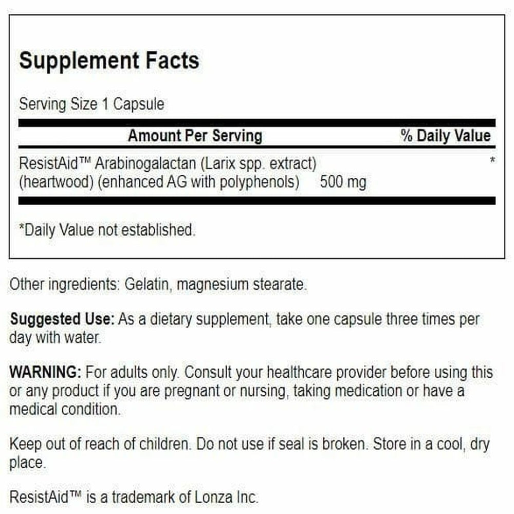 Swanson Larch Arabinogalactan bottle label showing plant-based full-spectrum formula