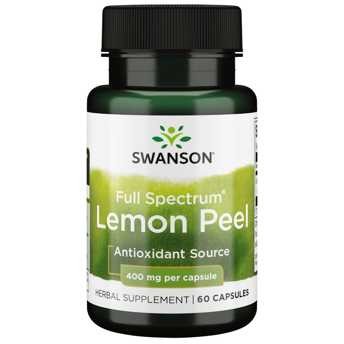 Swanson Full Spectrum Lemon Peel bottle with 400 mg capsules illustrating antioxidant-ready formula