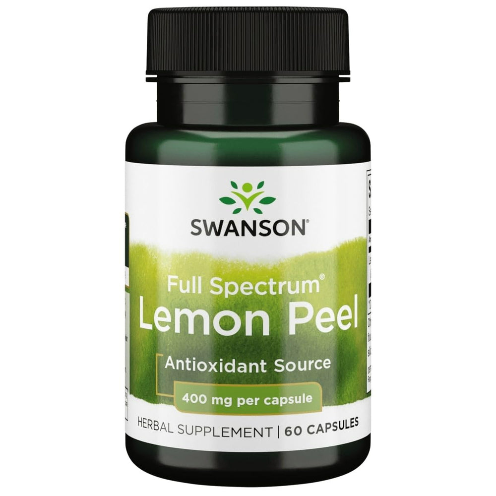 Swanson Full Spectrum Lemon Peel bottle with 400 mg capsules illustrating antioxidant-ready formula