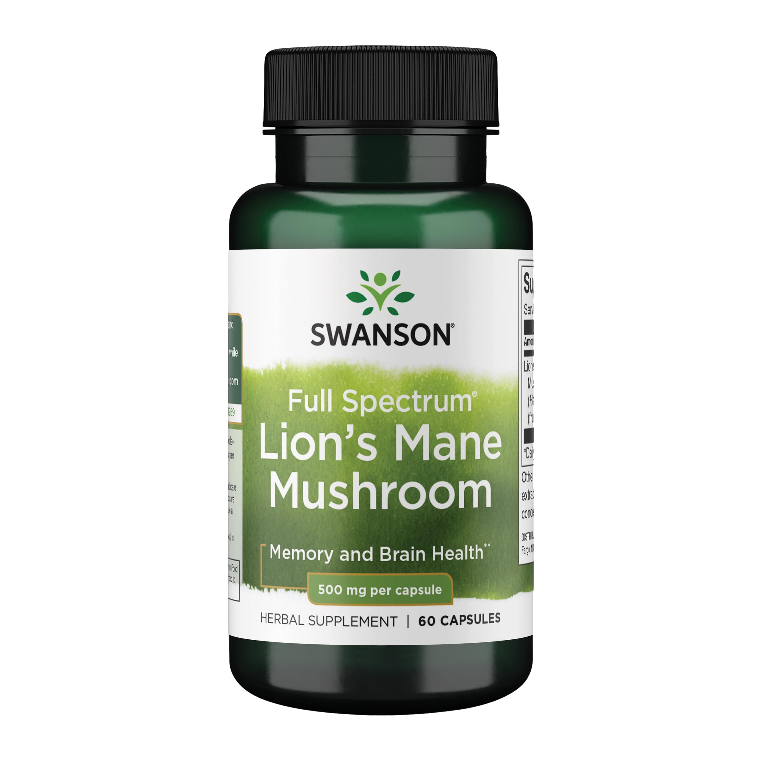 Swanson Lion's Mane capsules 500 mg bottle close-up for memory support
