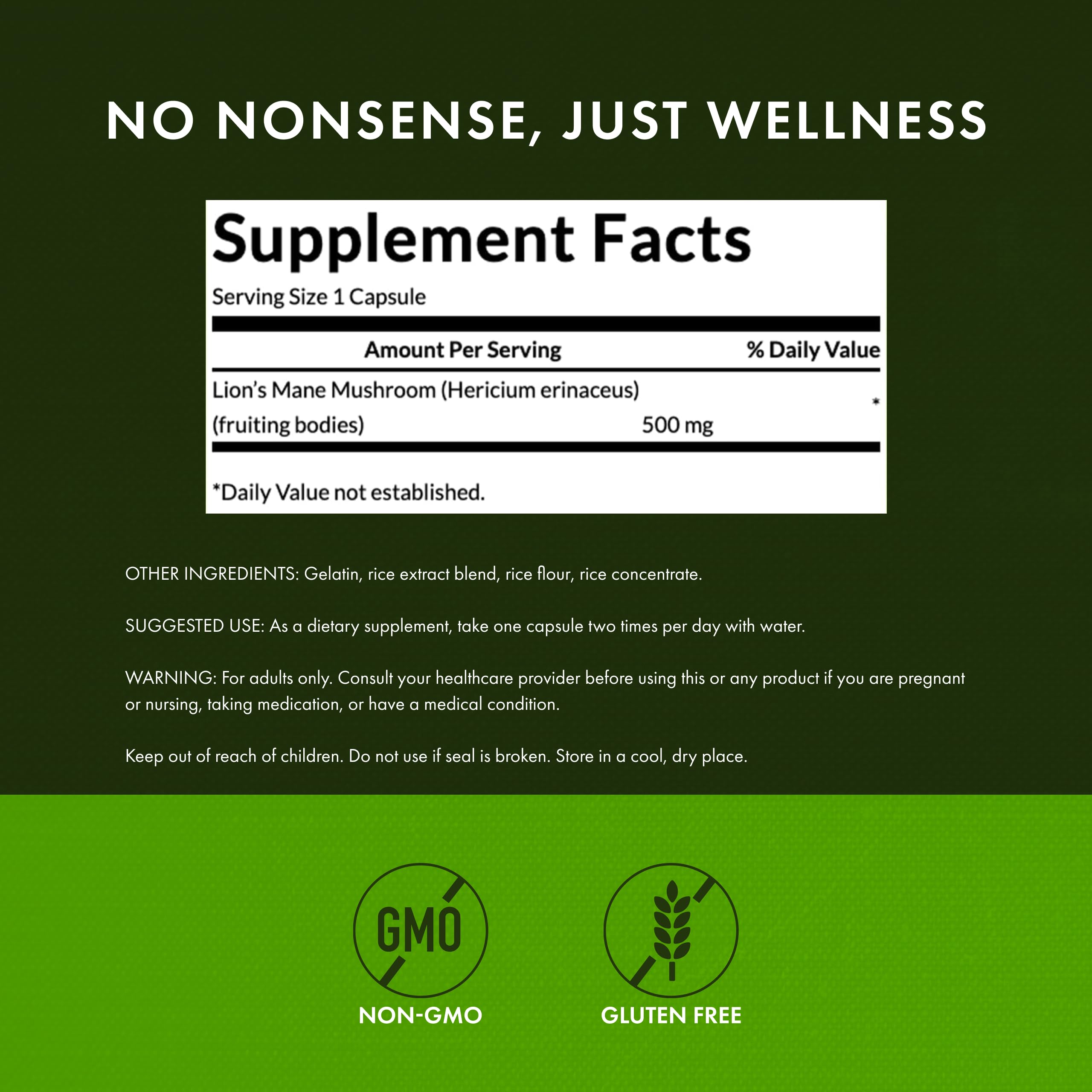 Swanson Lion's Mane label and packaging emphasizing full-spectrum blend for balanced brain support.