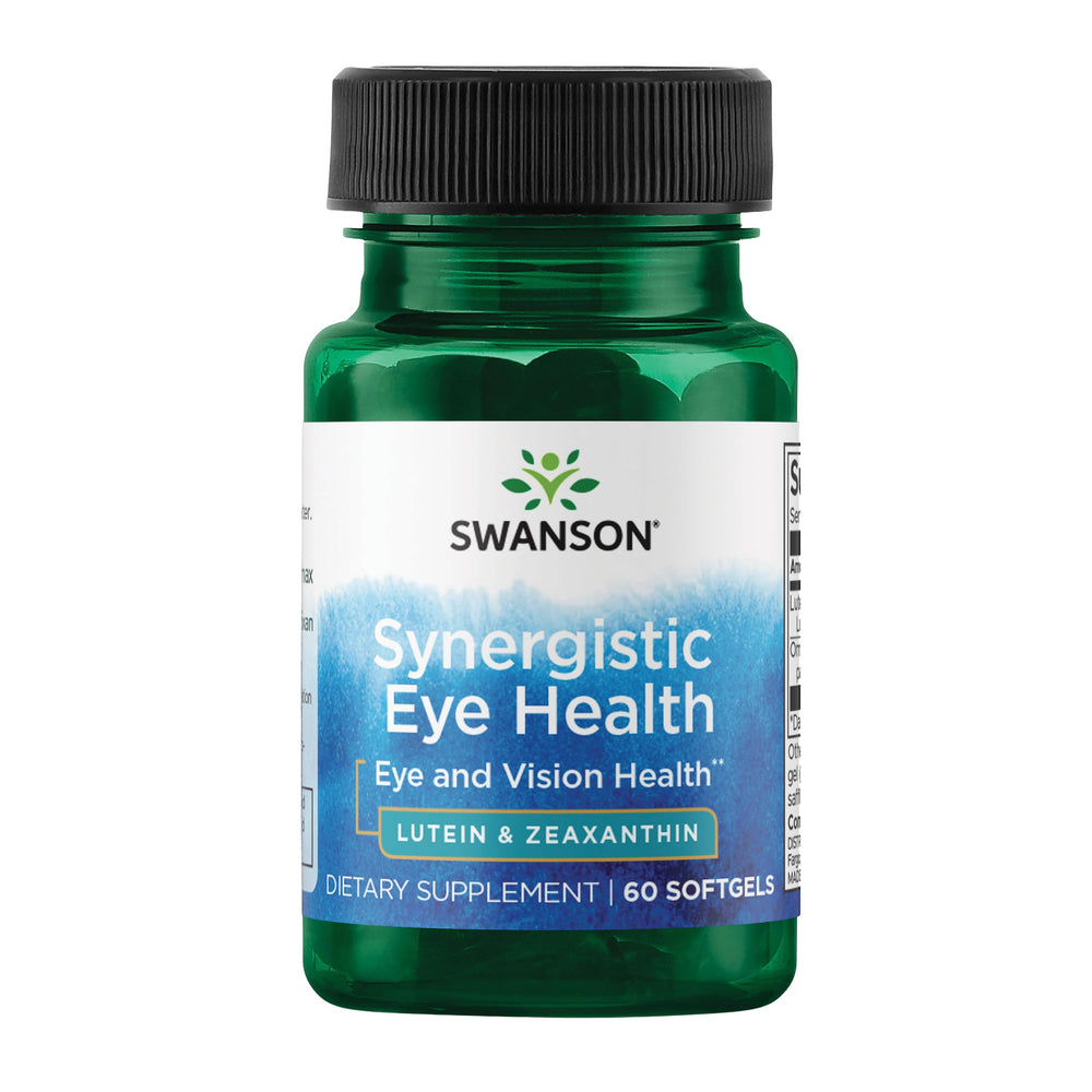 Swanson lutein-zeaxanthin synergistic eye health bottle on shelf for daily vision support.