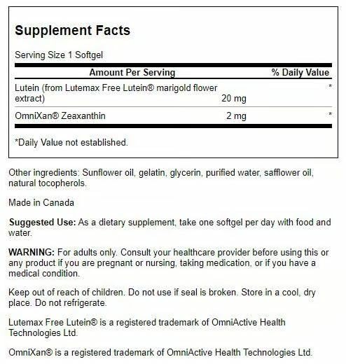 Swanson softgels closeup highlighting 20 mg lutein and 2 mg zeaxanthin