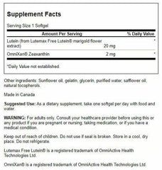 Swanson softgels closeup highlighting 20 mg lutein and 2 mg zeaxanthin