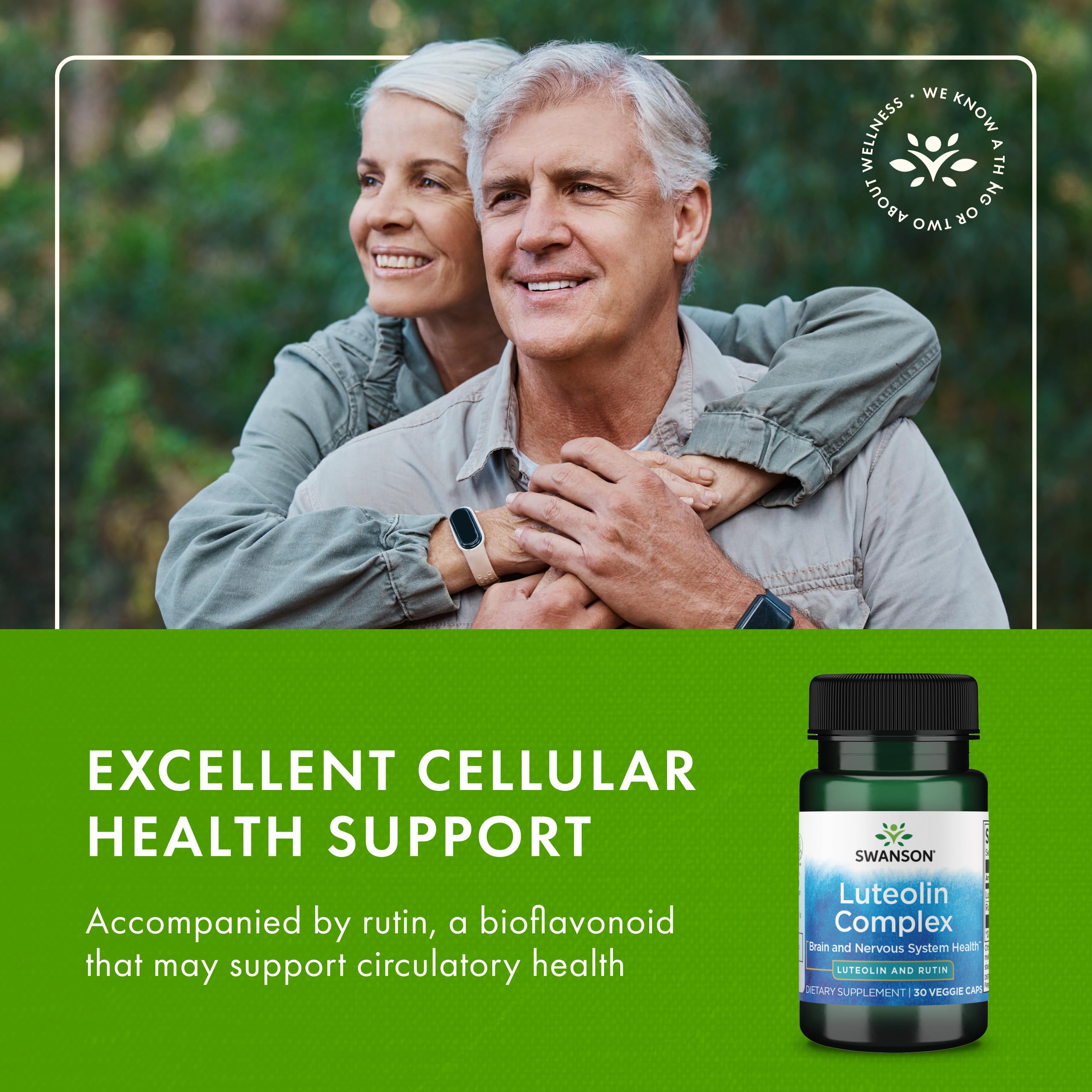 Swanson Luteolin Complex ingredients panel shows bioflavonoids for wellbeing.