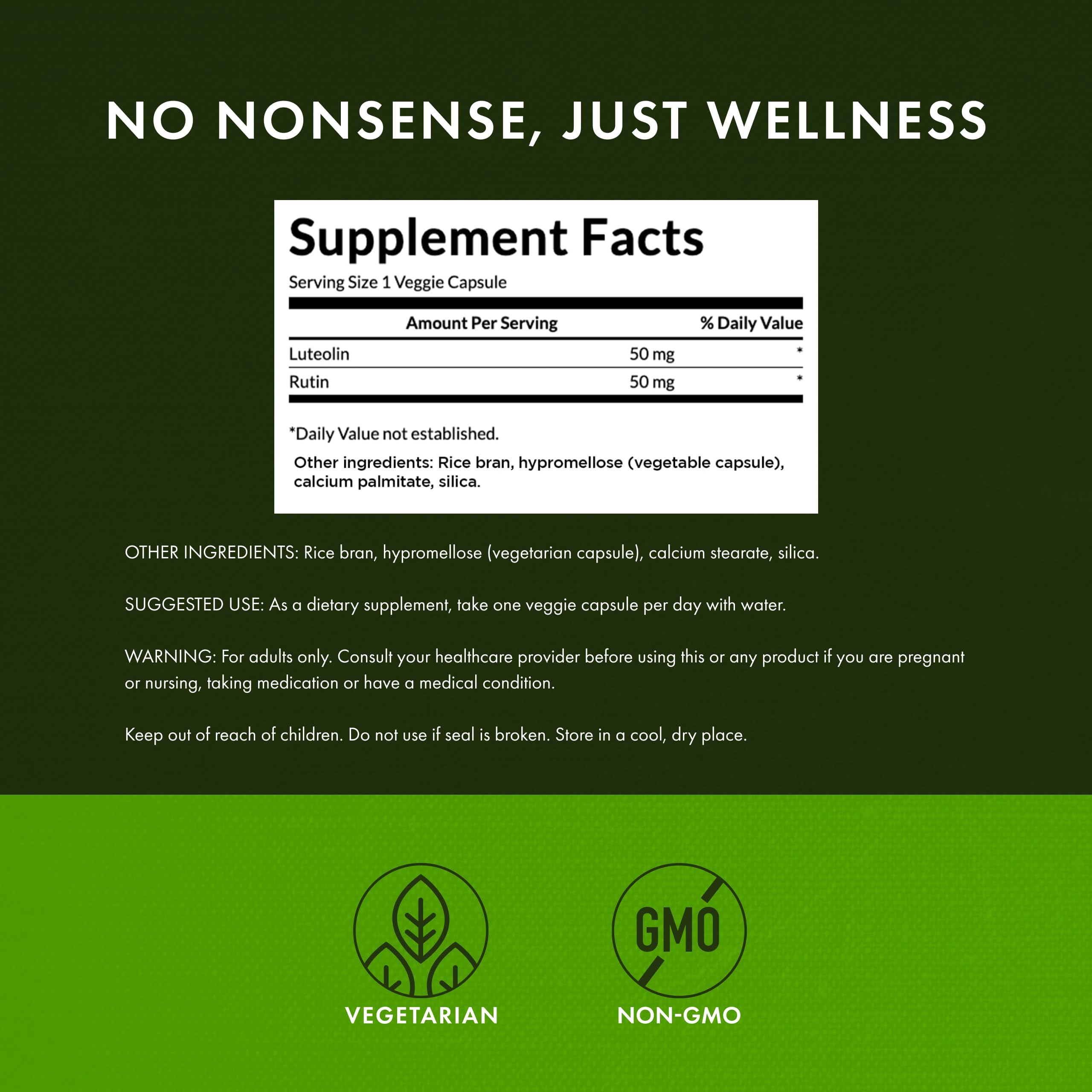 Swanson Luteolin Complex label shot shows luteolin and rutin ingredients.