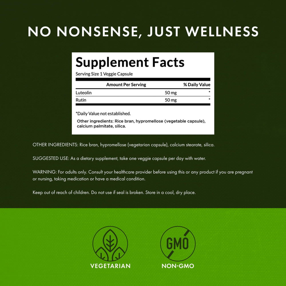 Swanson Luteolin Complex label shot shows luteolin and rutin ingredients.