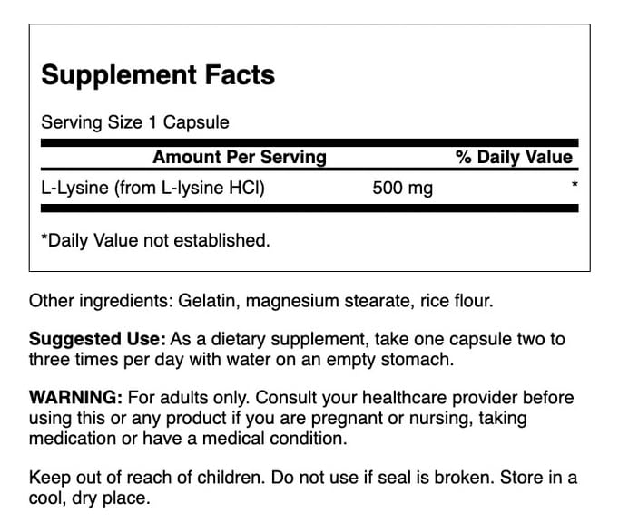 Swanson L-Lysine 500 mg capsules showing easy-to-swallow capsules