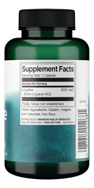 Swanson L-Lysine 500 mg label closeup emphasizing purity and plant-based ingredients