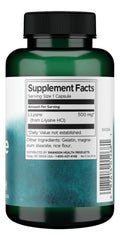 Swanson L-Lysine 500 mg label closeup emphasizing purity and plant-based ingredients