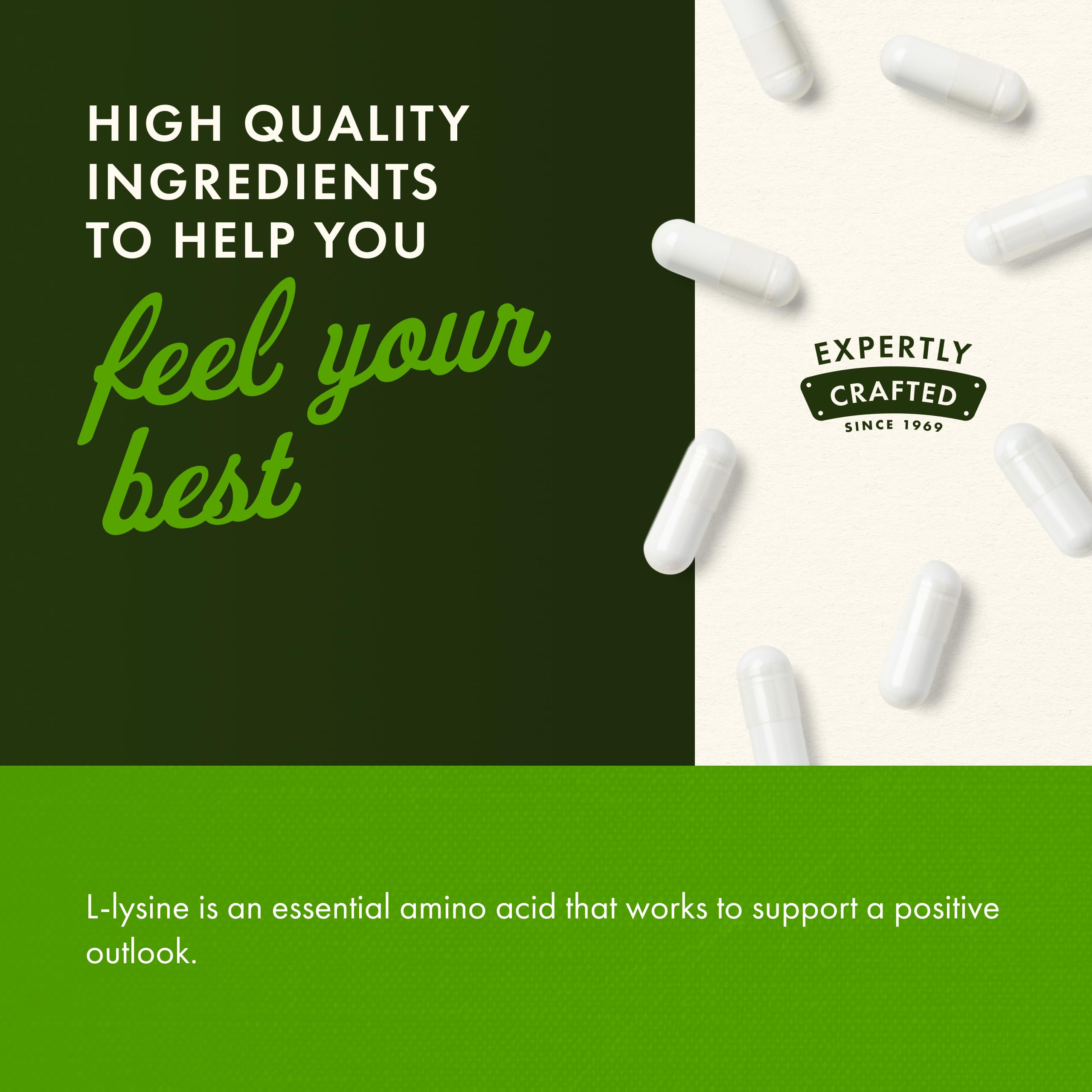 Swanson Lysine capsules closeup reveals smooth coating ideal for daily routines.