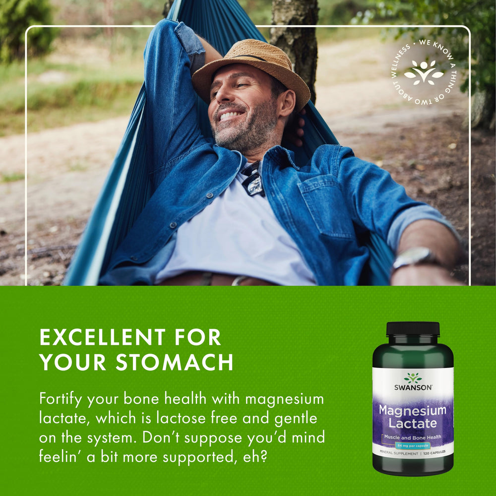 Swanson Magnesium Lactate packaging side view showcasing non GMO gluten free claim