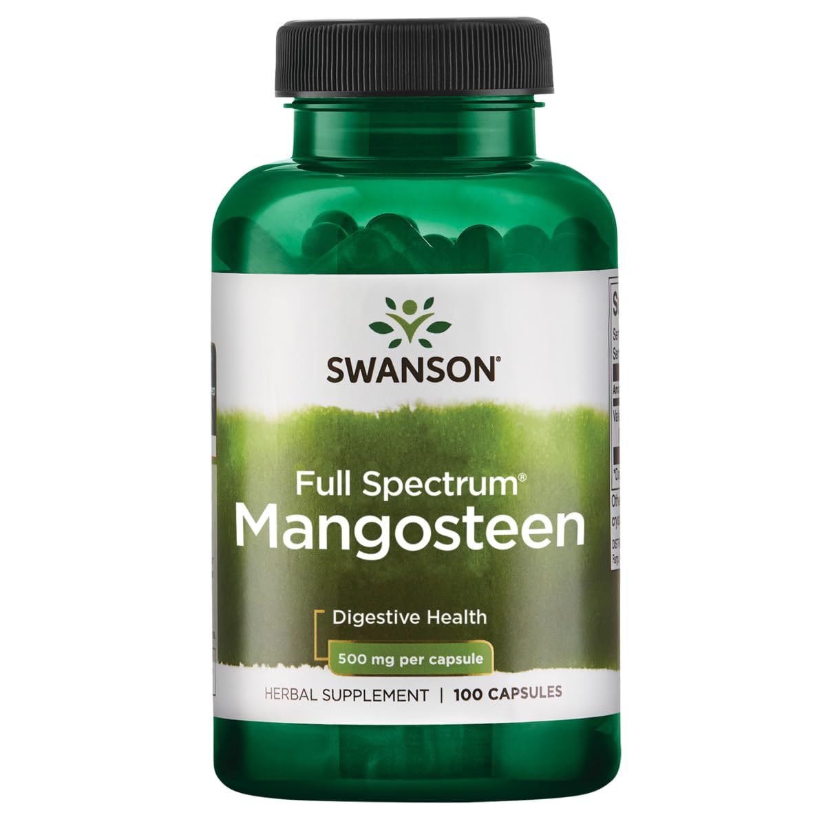 Swanson Mangosteen bottle close-up showing capsule and label for antioxidant support