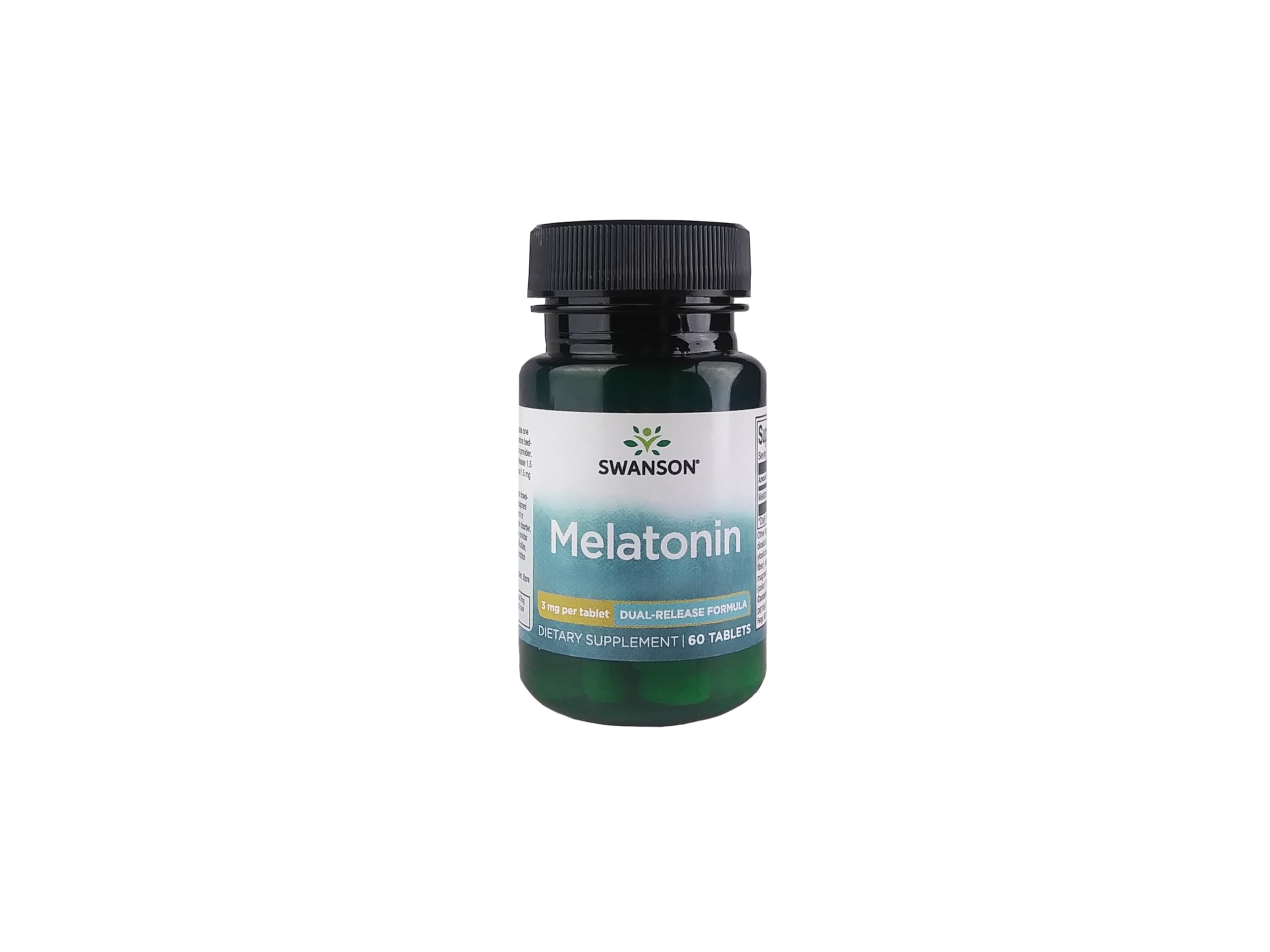 Swanson Melatonin tablet close-up showing a 3 mg dose for restful nights