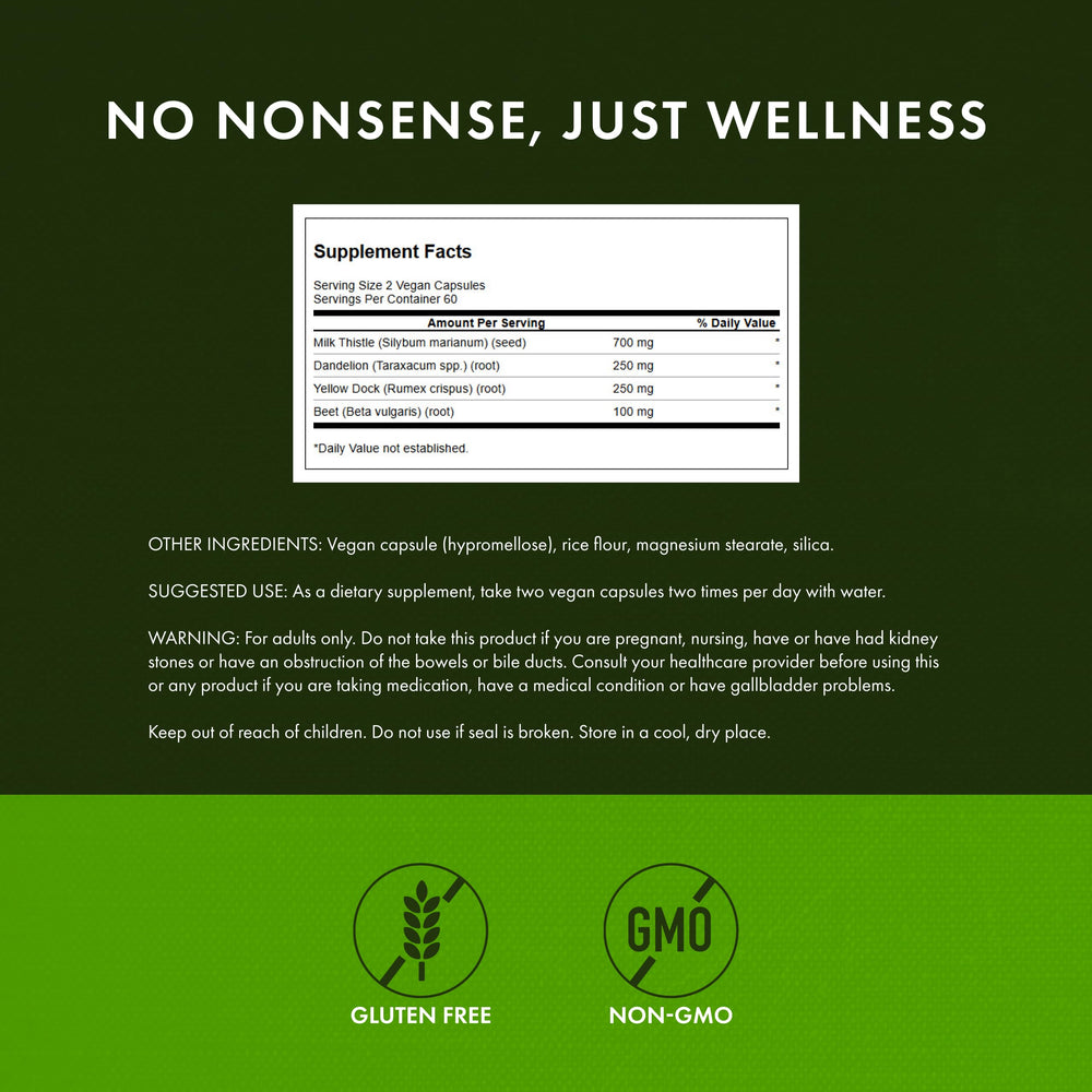 Swanson ingredients label shows Milk Thistle, Dandelion, Yellow Dock for liver health